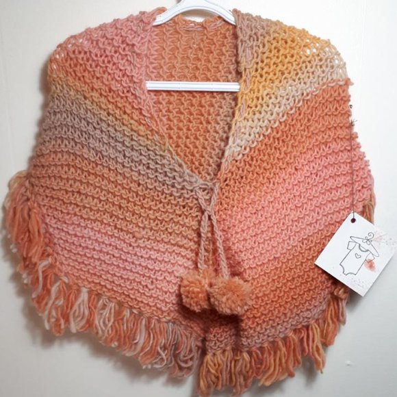 "Sunset" handknit toddler poncho with pom poms - Picture 1 of 2